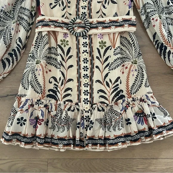 FARM RIO Nature Mini Dress Romantic Bead Belt Maximalist Puff Beige Size Medium - Picture 6 of 16